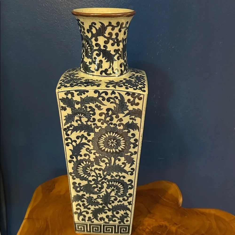 Vintage Takahashi Japanese Blue Floral Vase - Greek Key Design along Base 14”
